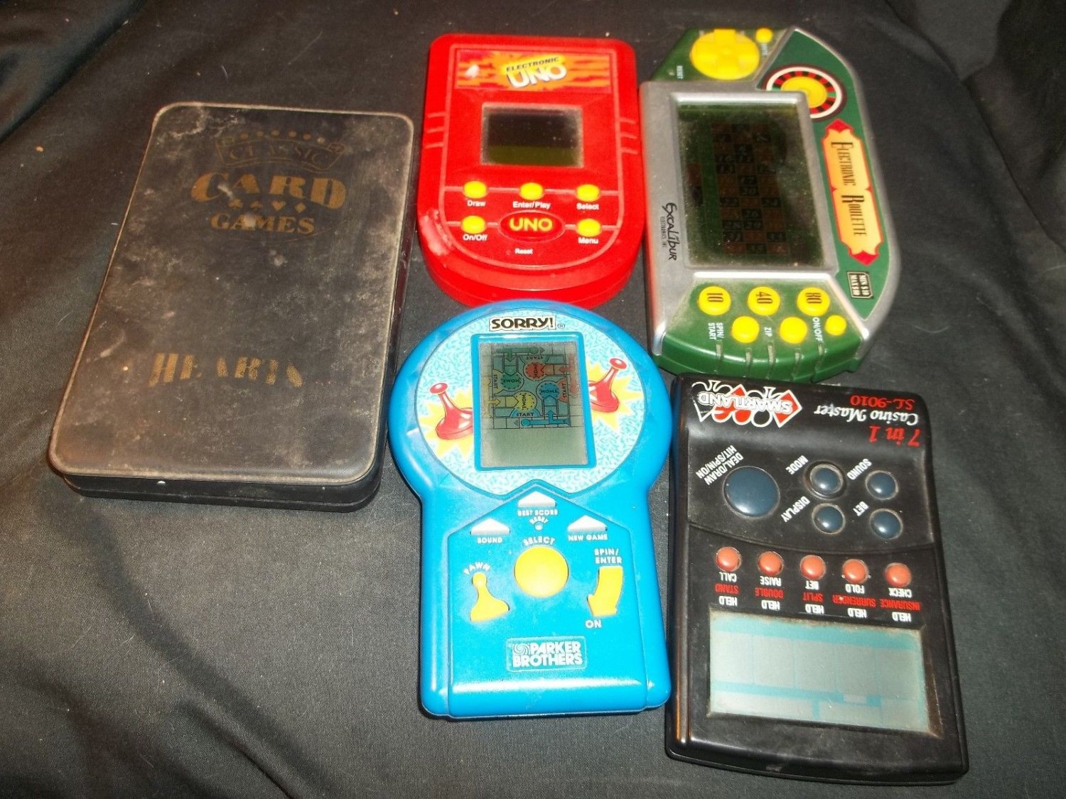 Lot of 5 Vintage Handheld Games Card Games, Poker, Sorry, Uno, Roulette