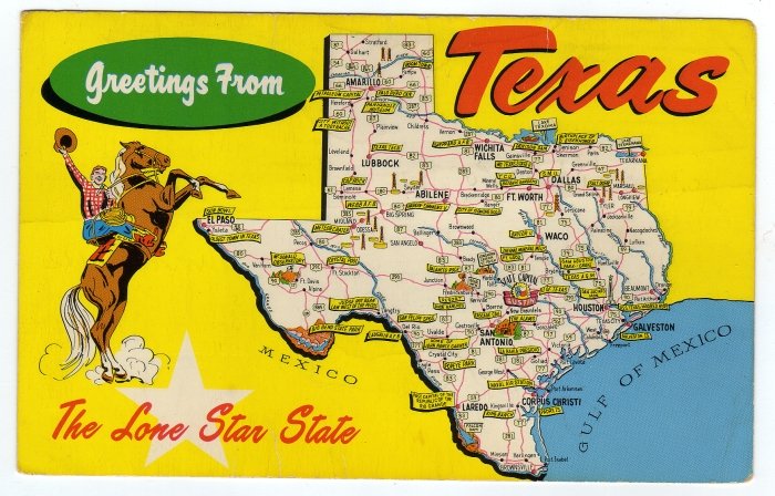 Lone Star Flag Illustrated Map Bluebonnet State Flower Texas Map Oversized Vintage Postcard Cowboy on Horse 1960s