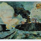 Battle of Monitor And Merrimack postcard of Drawing by J. O. Davidson Fort Monroe Casemate Museum VA