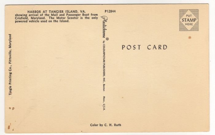Harbor at Tangier Island, VA postcard Vintage Mail Boat Crisfield, MD #0520