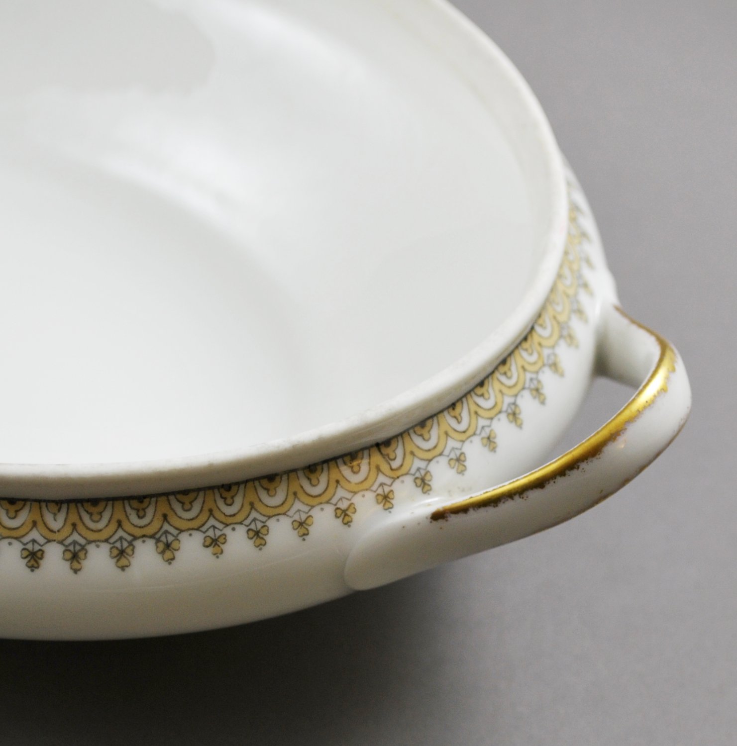 A. Lanternier Limoges Covered Vegetable Porcelain Dish with Gold Drape Trim