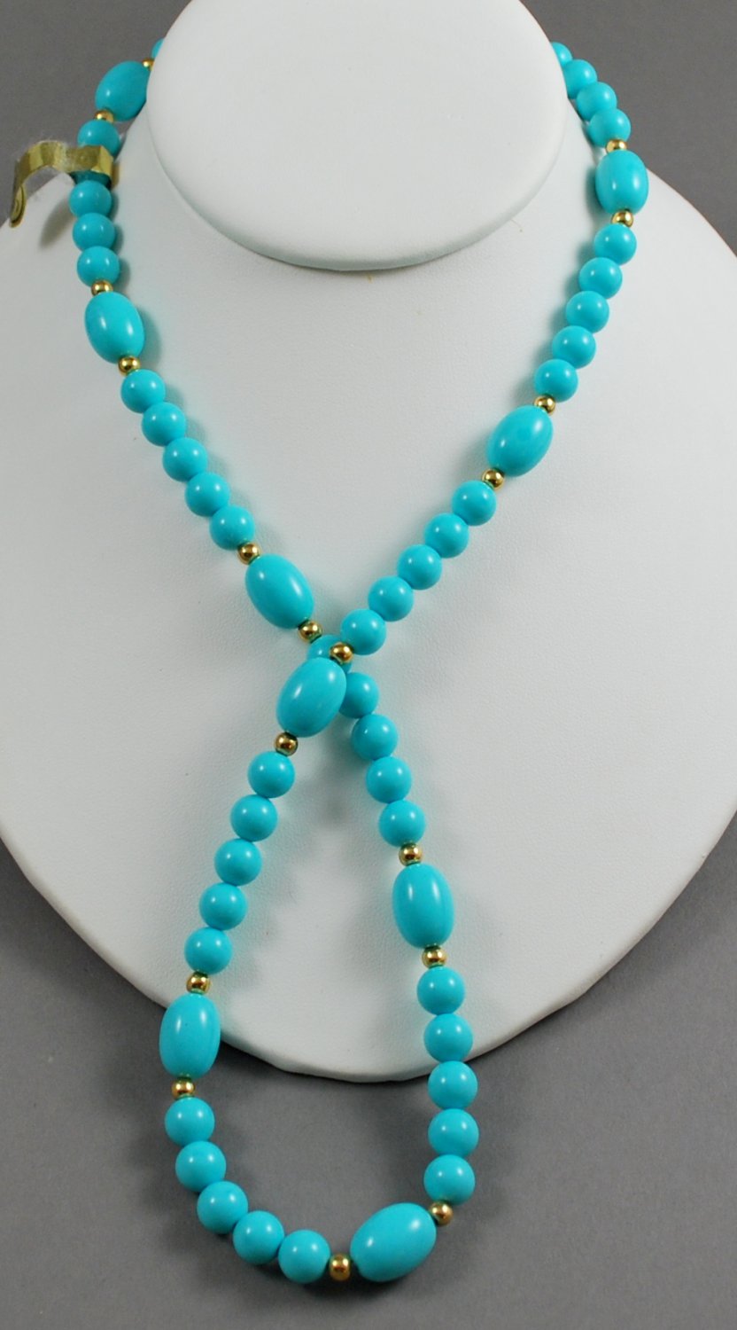 1983 Avon Turquoise Impressions Plastic Bead Necklace w/ Gold Tone Spacers