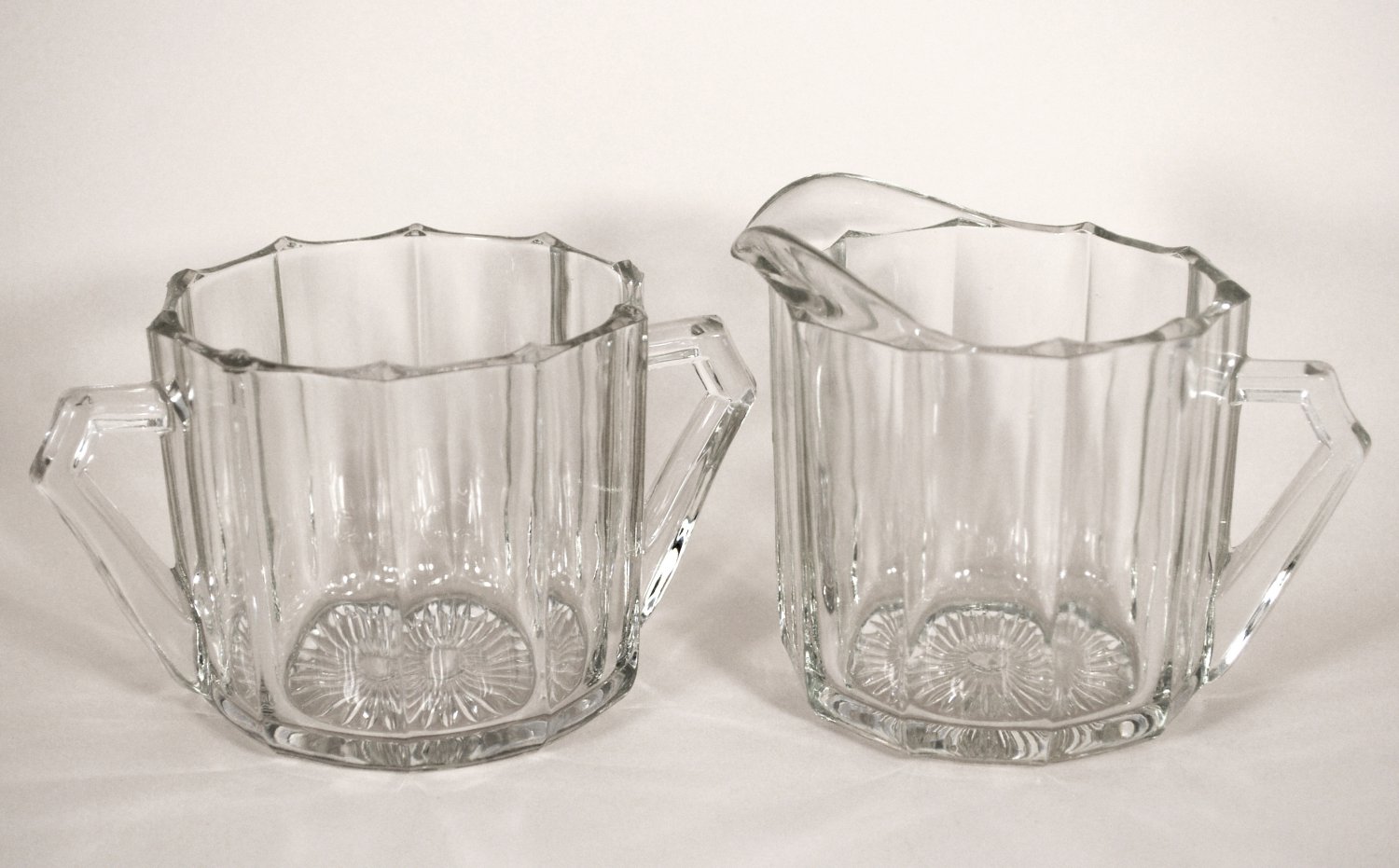 Vintage Crystal Decagon Shaped Glass Sugar and Creamer