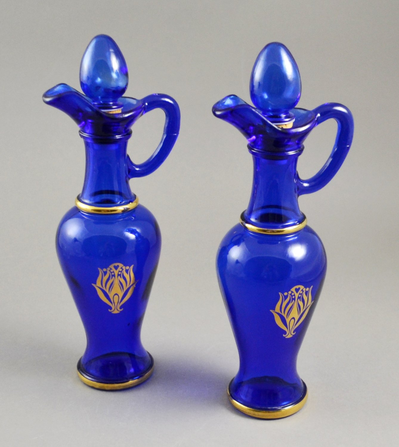 Set of 2 Avon Nile Blue Glass Bath Urns w/ Gold Trim Decanters