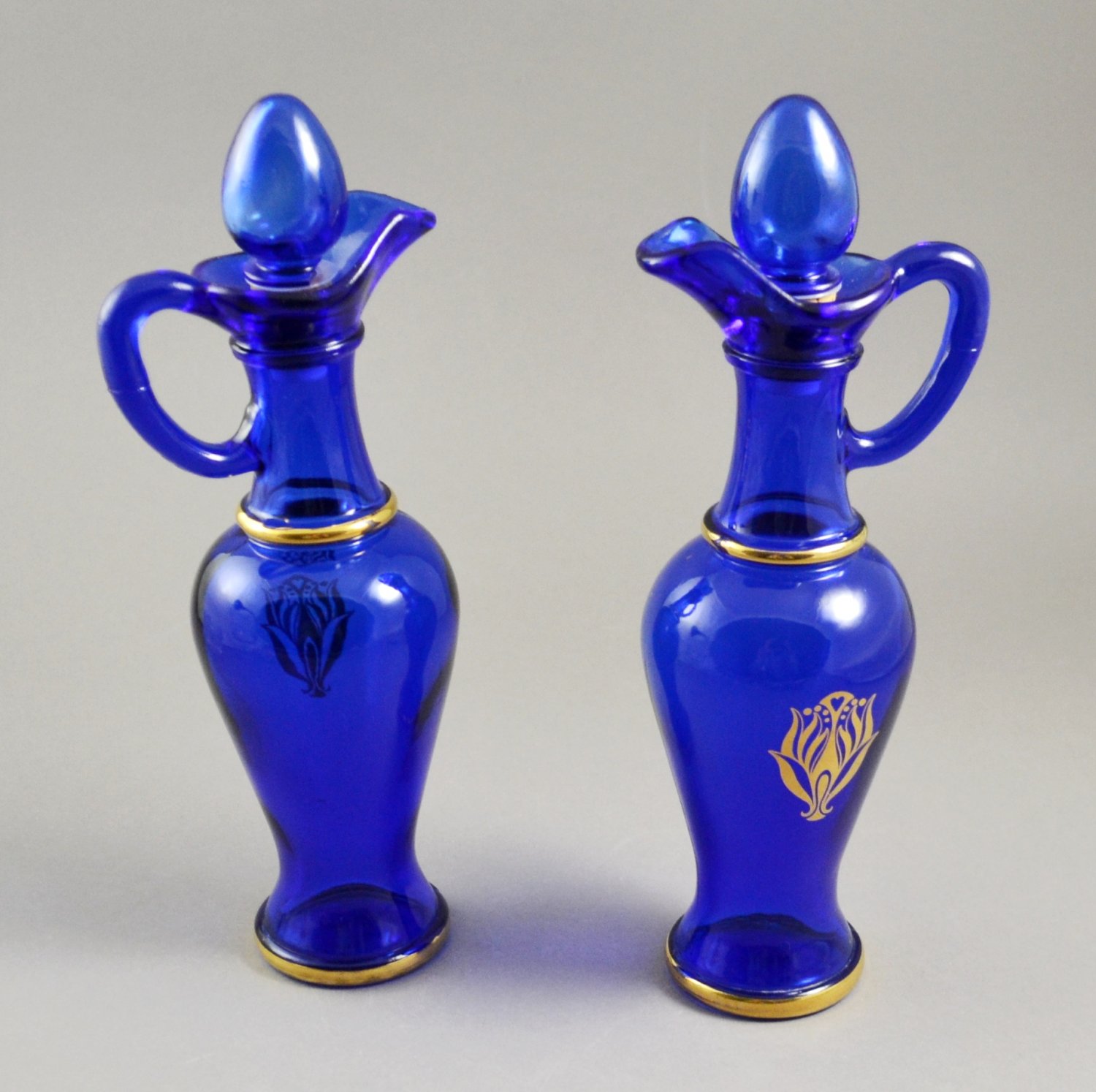 Set of 2 Avon Nile Blue Glass Bath Urns w/ Gold Trim Decanters