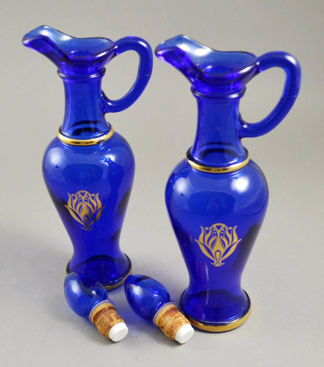 Set of 2 Avon Nile Blue Glass Bath Urns w/ Gold Trim Decanters