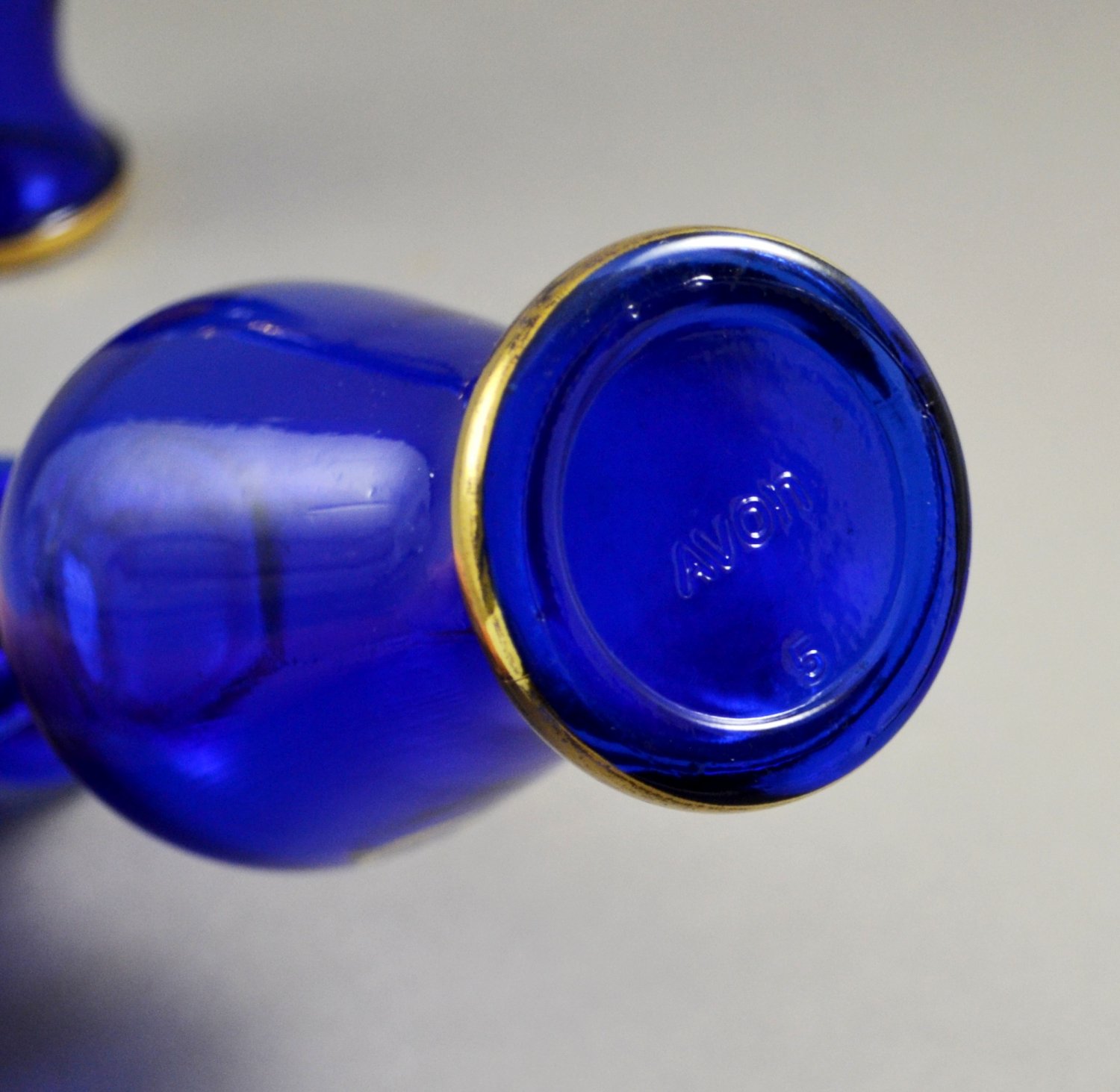 Set of 2 Avon Nile Blue Glass Bath Urns w/ Gold Trim Decanters