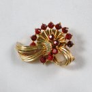Vintage Brooch Pin Pendant Goldtone  Ribbon Bow Design Red Rhinestones