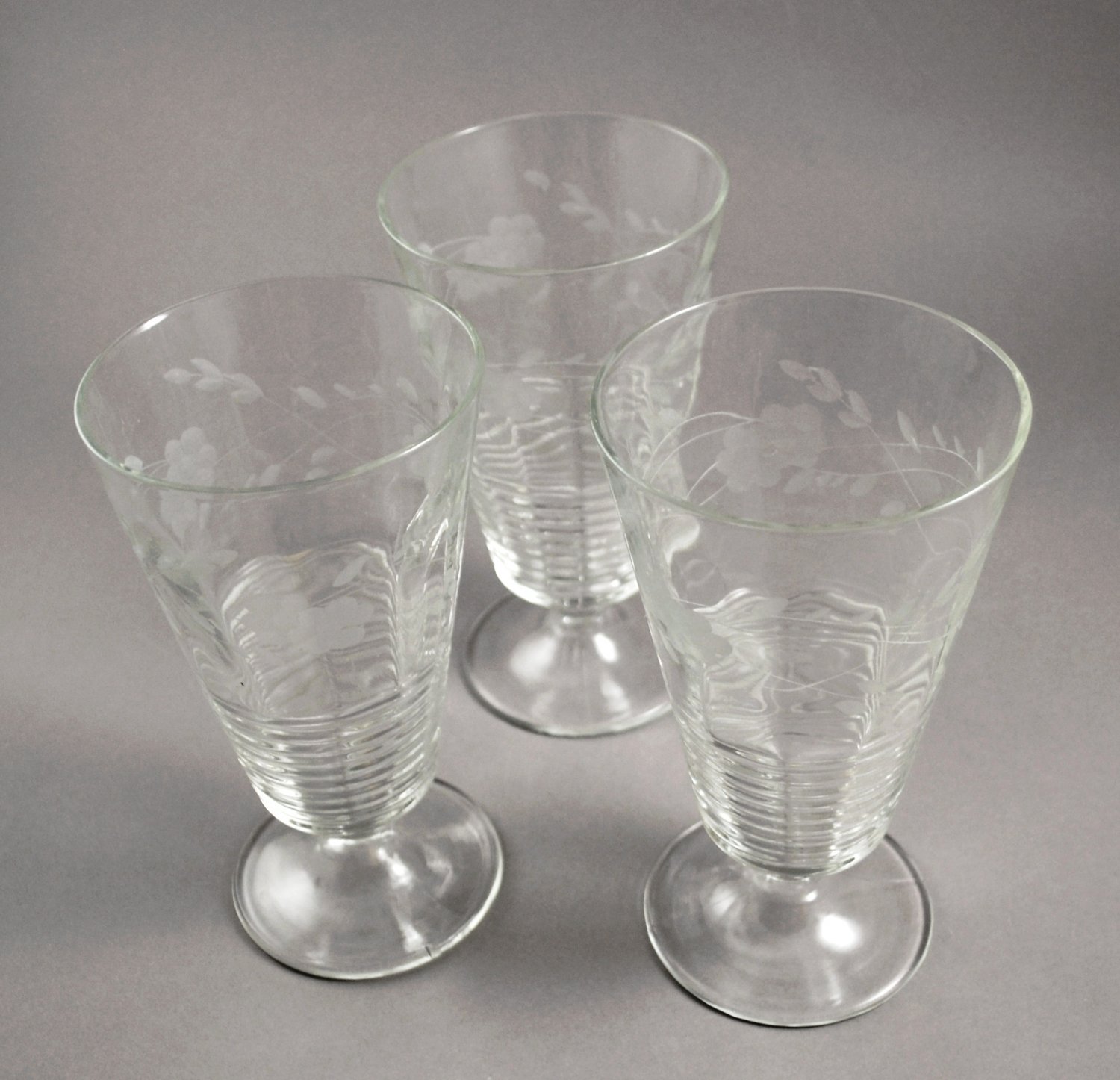 Set Of 3 Vintage Crystal Floral Etched Glass Water Goblets