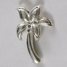 Palm Tree Brooch or Pin Silvertone Metal w/ 2 Blue Rhinestones