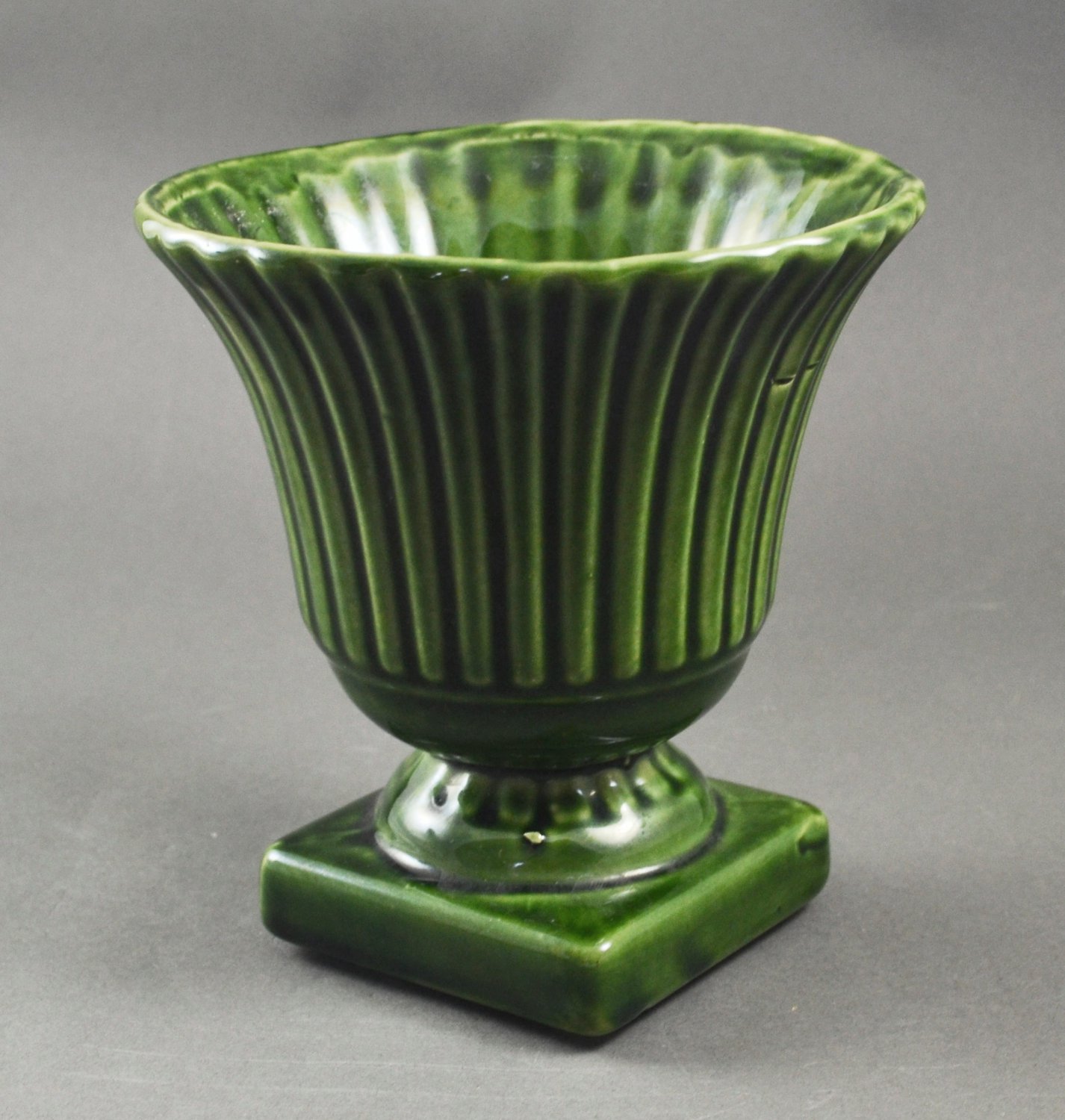 Vintage Pottery Green Ribbed Pedestal Vase Planter