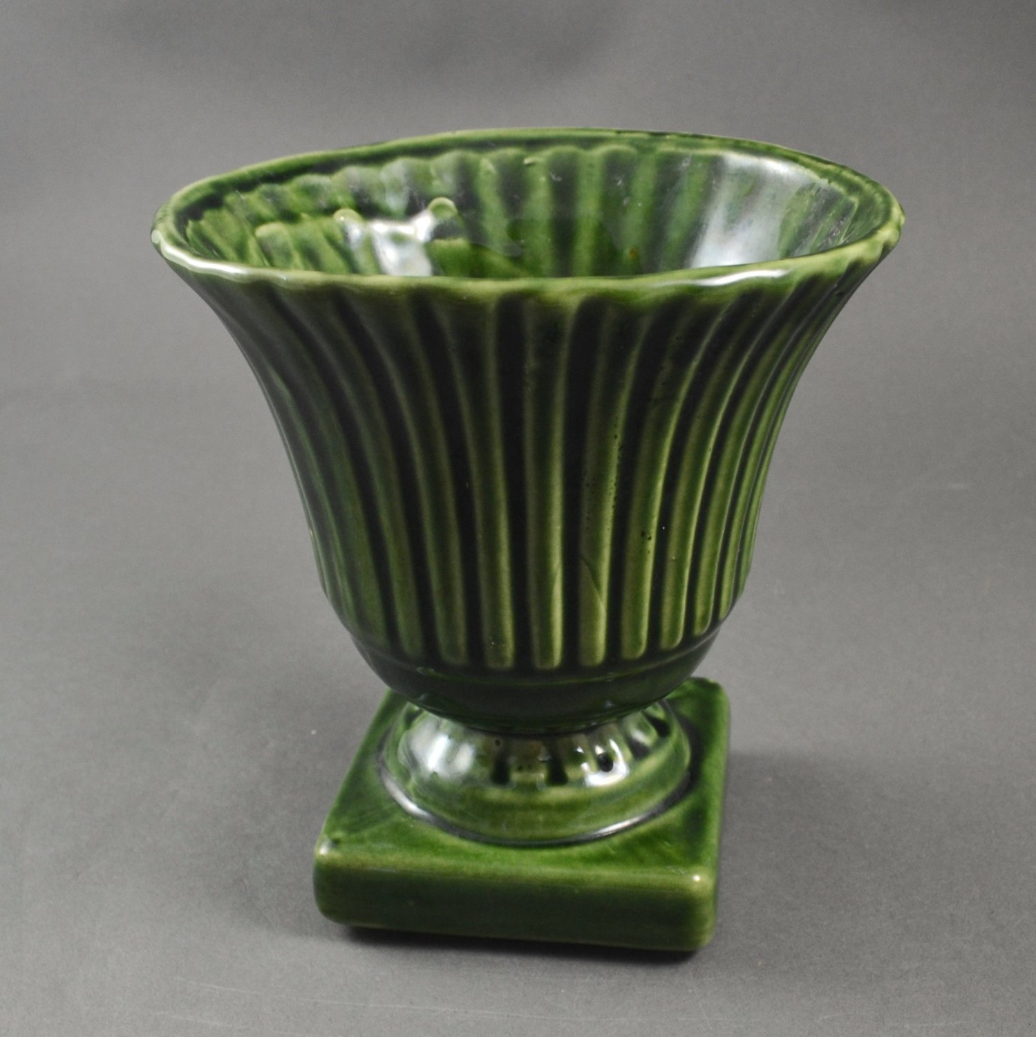 Vintage Pottery Green Ribbed Pedestal Vase Planter