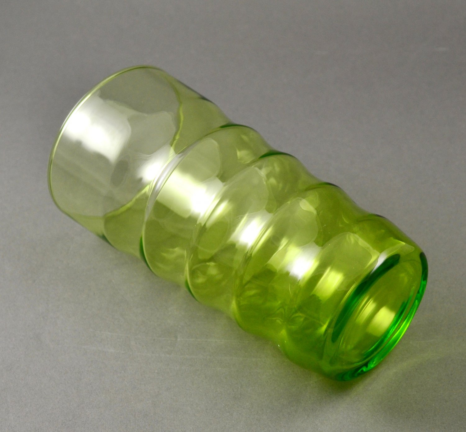 Vintage Lime Green Glass Horizontal Wide Ribbed Vase