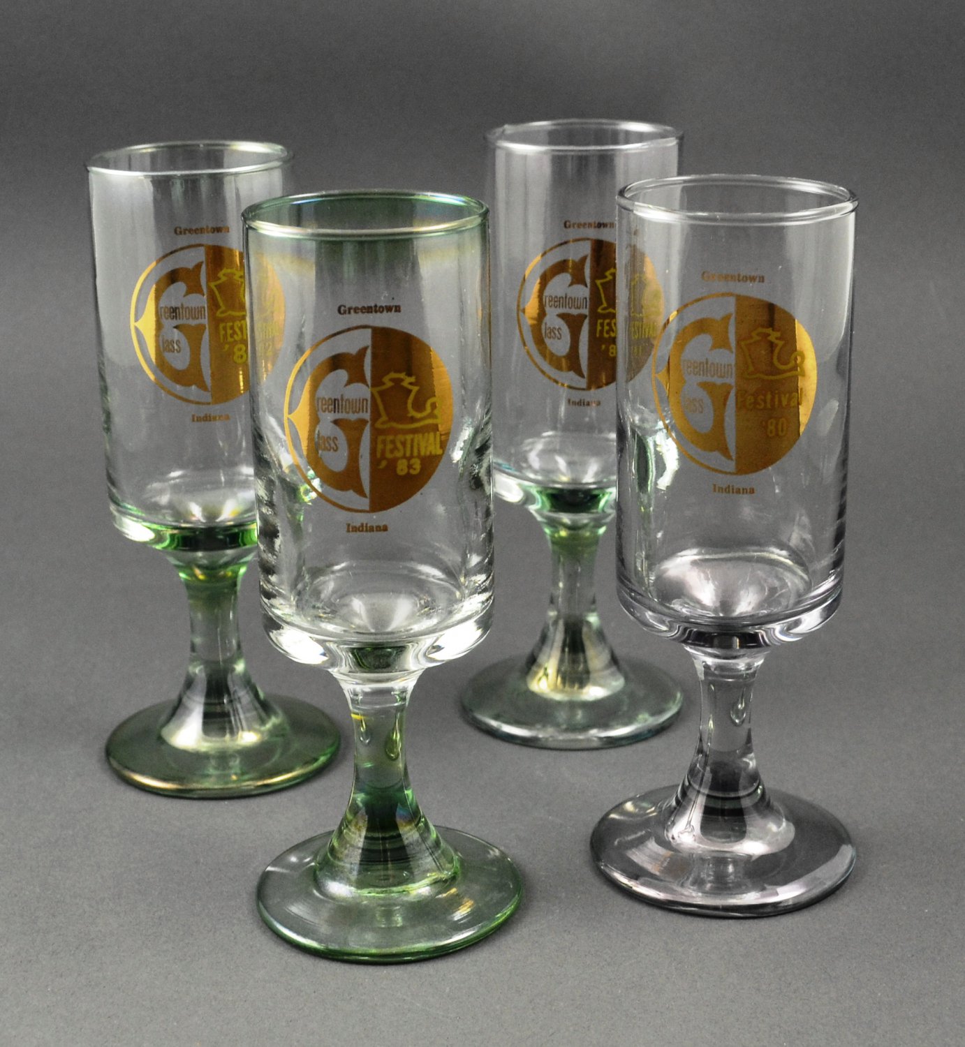 Set of 4 Greentown 1980s Festival Souvenir Glass Wine Stemware