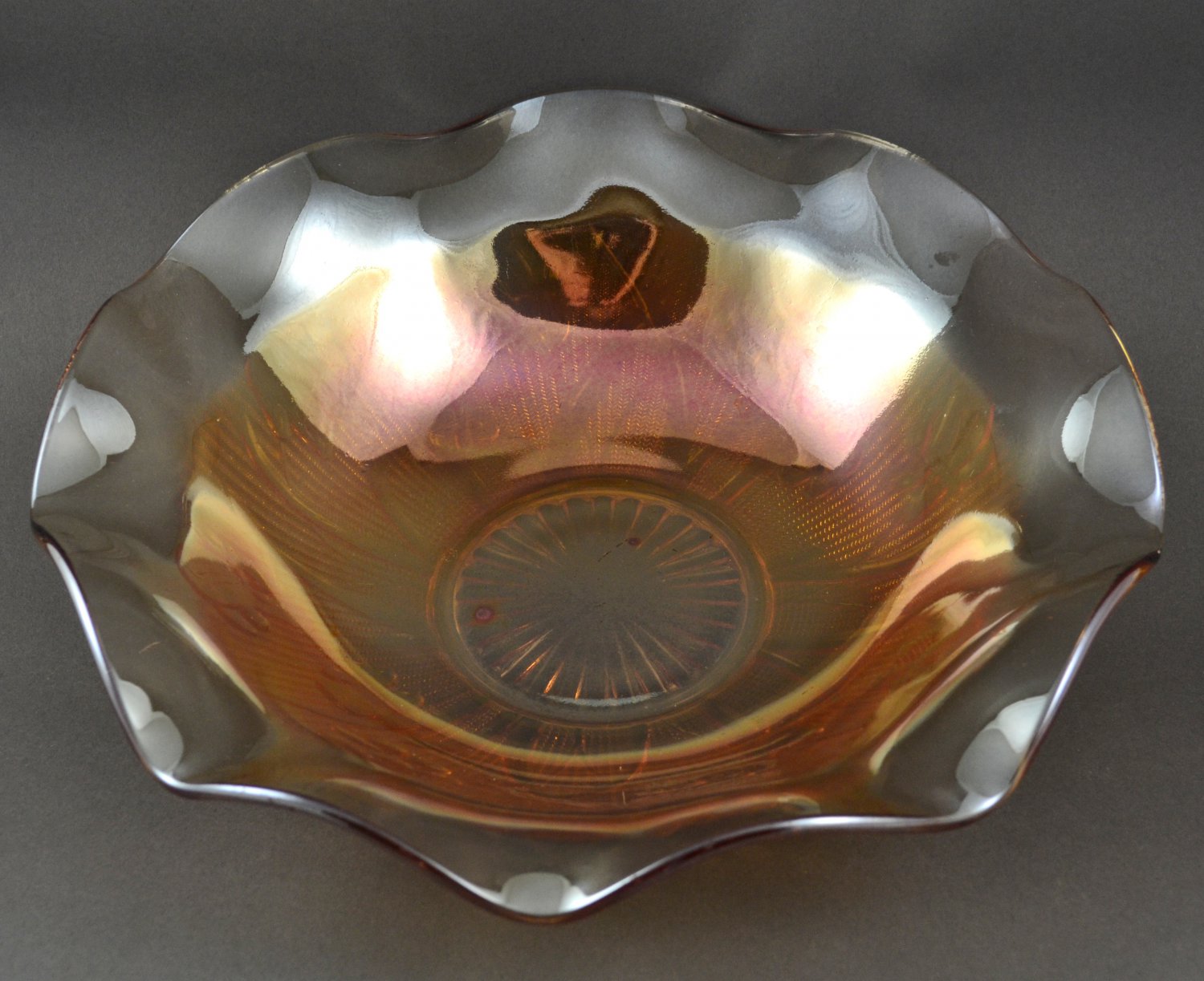 Golden Iridescent Iris and Herringbone Large Ruffled Glass Bowl