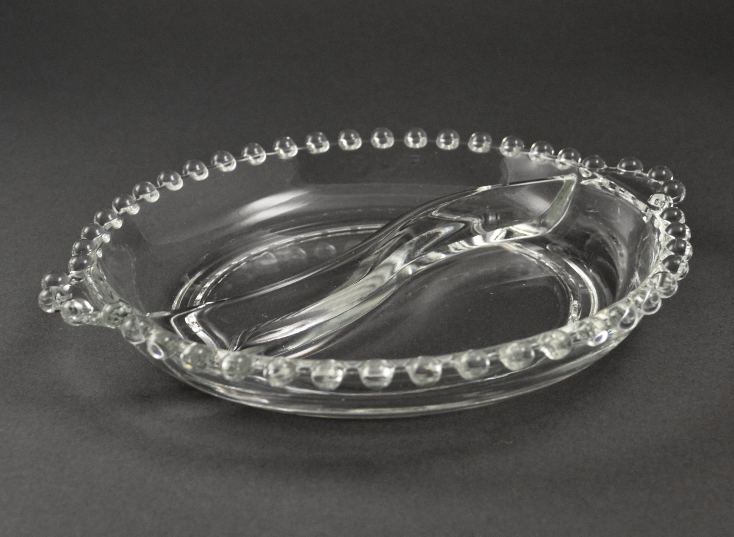 Imperial Candlewick Divided Two Part Round Glass Relish Dish w/ Tab