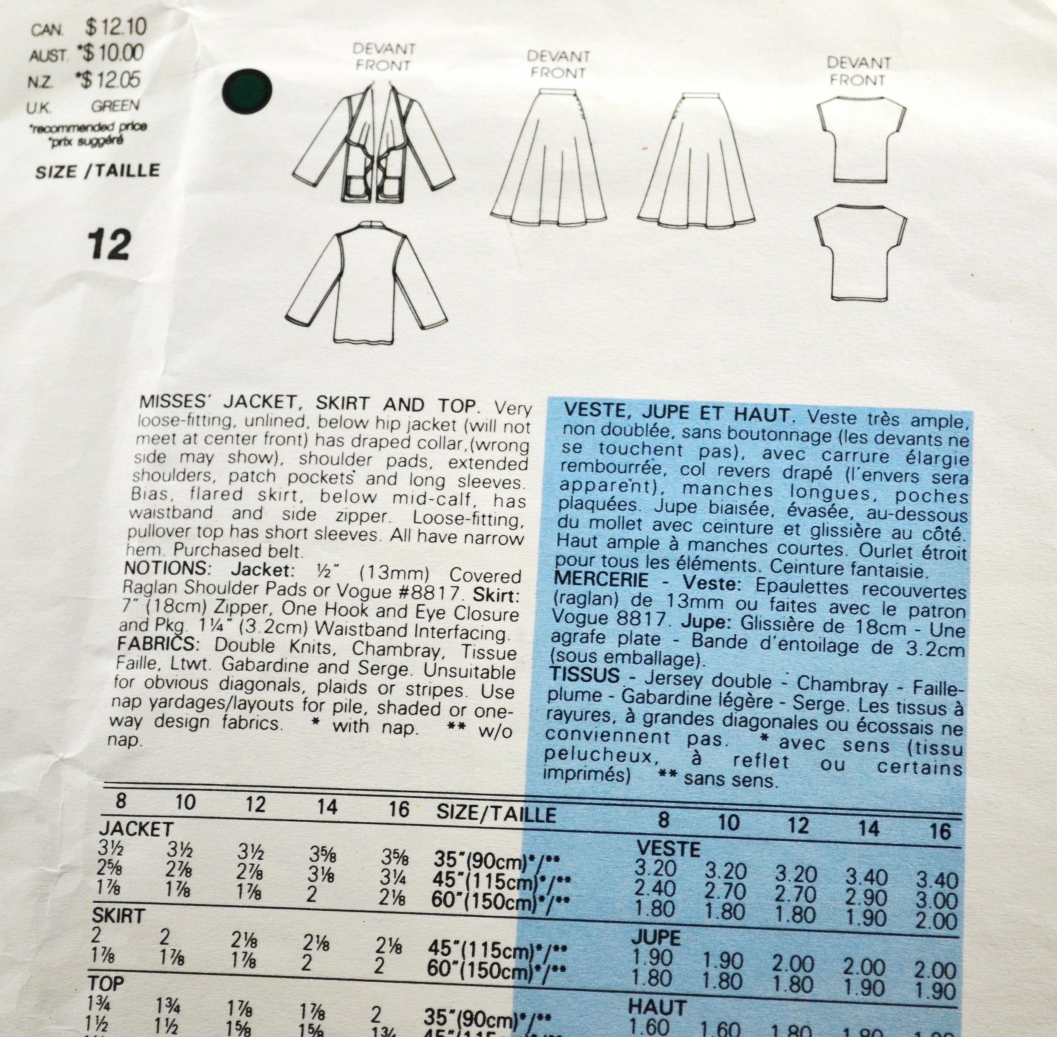 Vogue Sewing Pattern 1387 John Anthony American Designer Uncut Misses ...