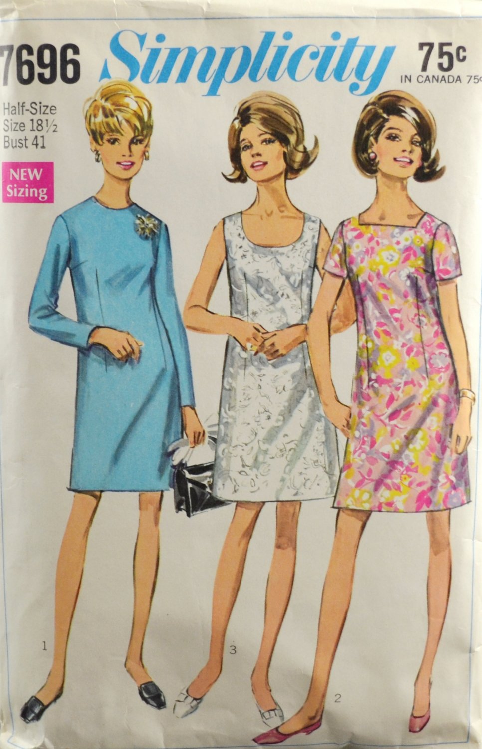Simplicity 7696 Sewing Pattern Dress in Half Sizes w/ 3 Necklines Size 18 1/2