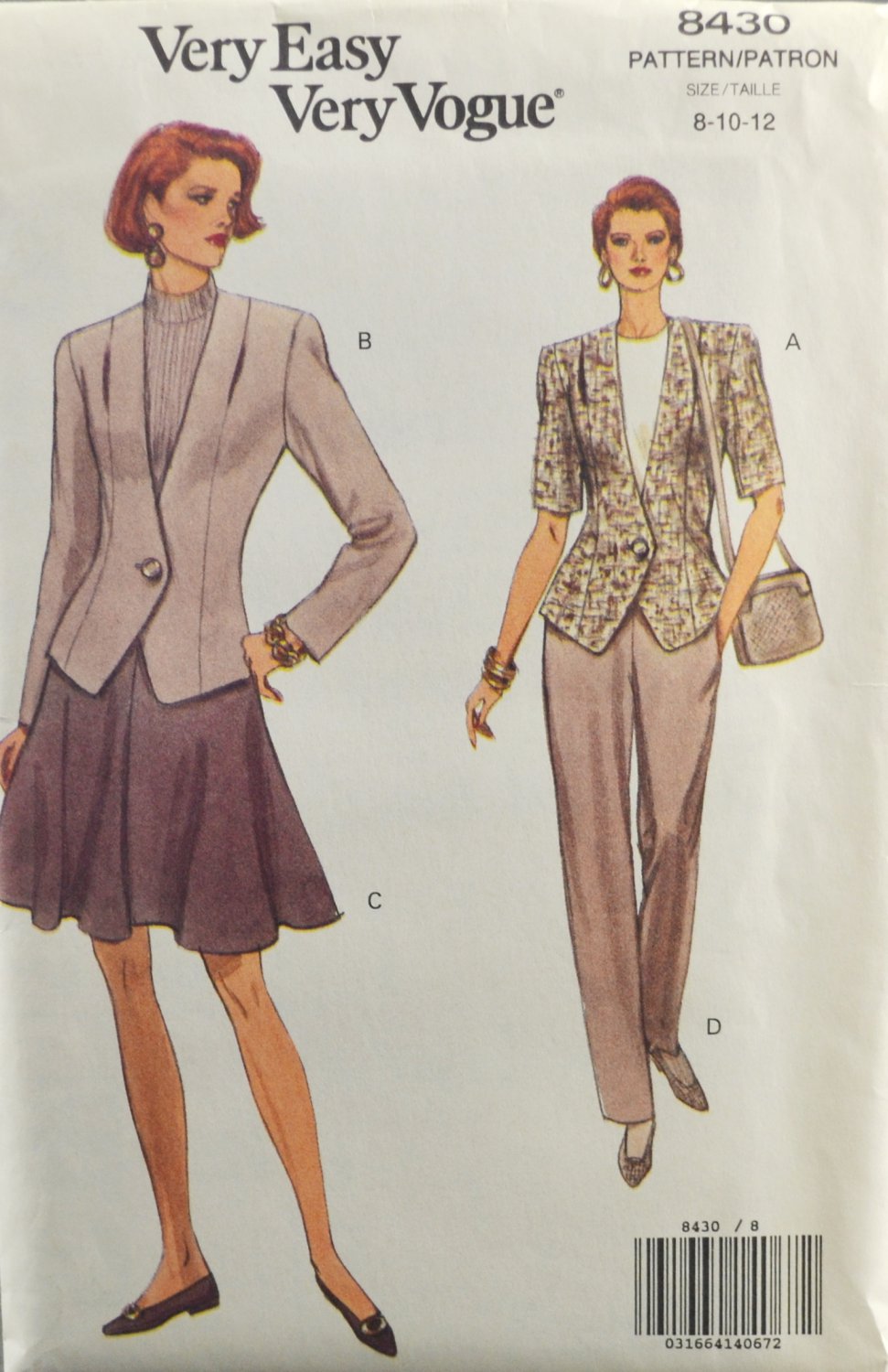 Vogue 8430 Sewing Pattern Misses' Jacket Skirt Pants Size 8-10-12