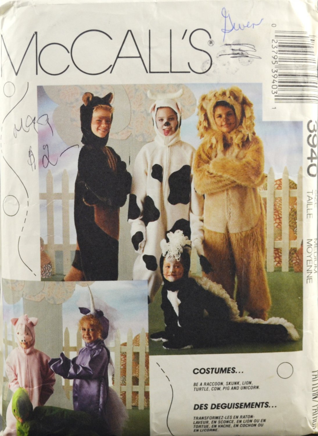 McCall's 3940 Animals Costume Sewing Pattern Children's Size Medium 810