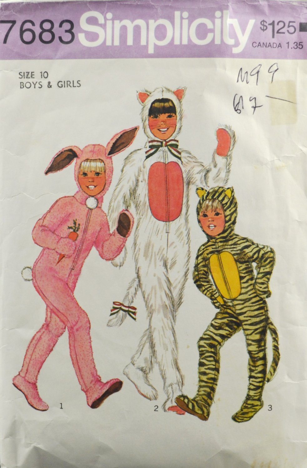 Simplicity 7683 Costume Sewing Pattern Rabbit Cat Tiger Children's Size 10