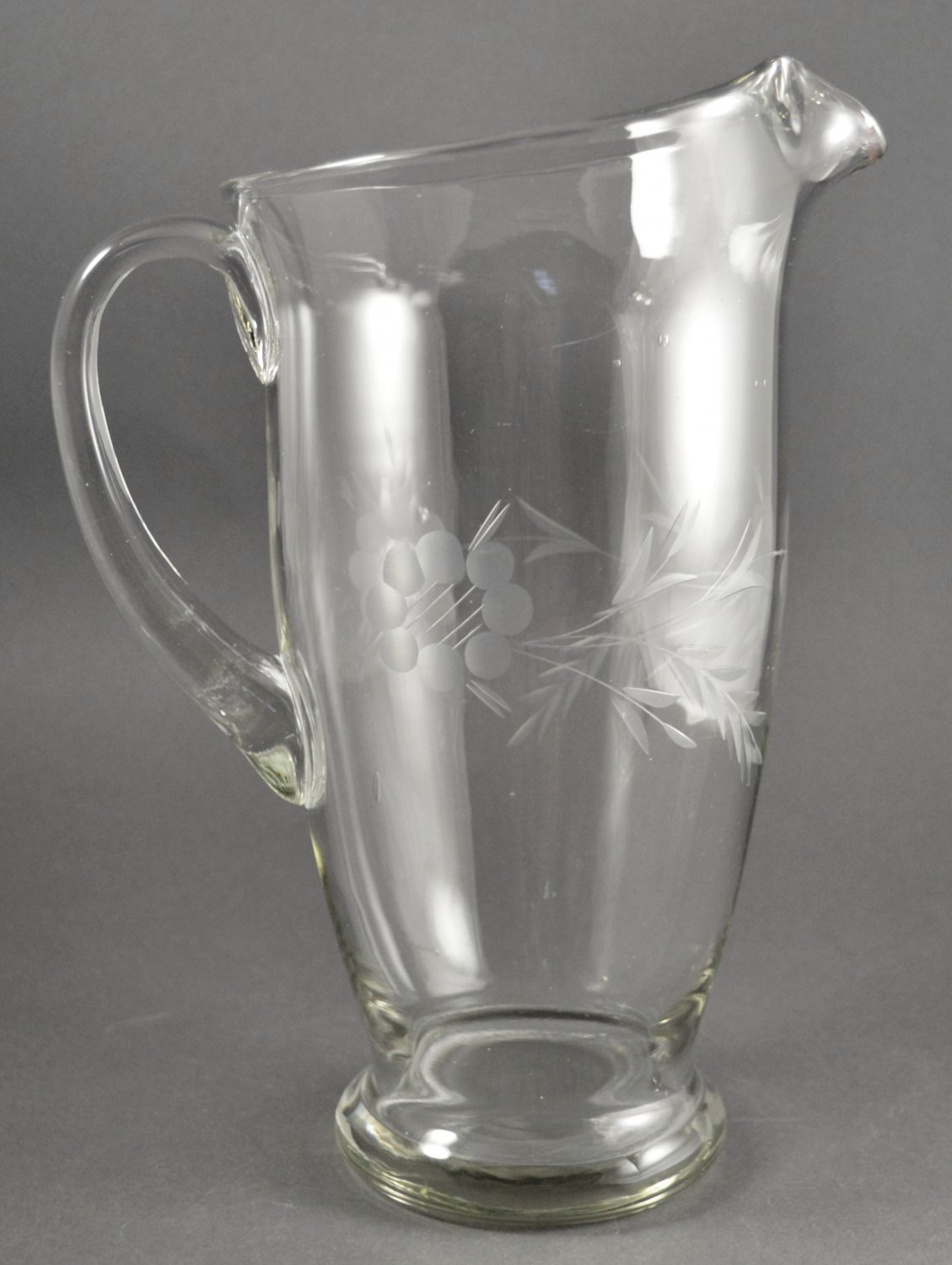 Tall Glass Pitcher W Applied Handle Lip Etched Floral And Vine 8353