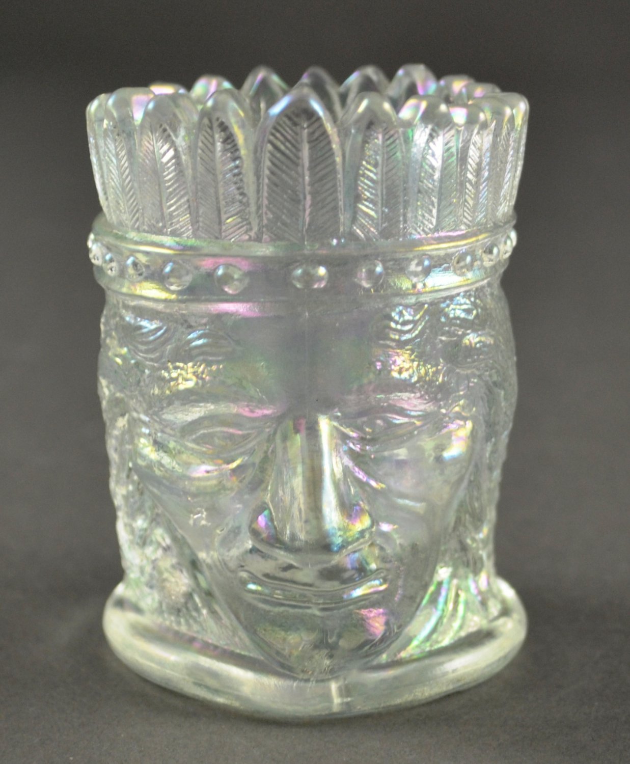 St. Clair Indian Head Clear or White Iridescent Carnival Glass Toothpick Holder