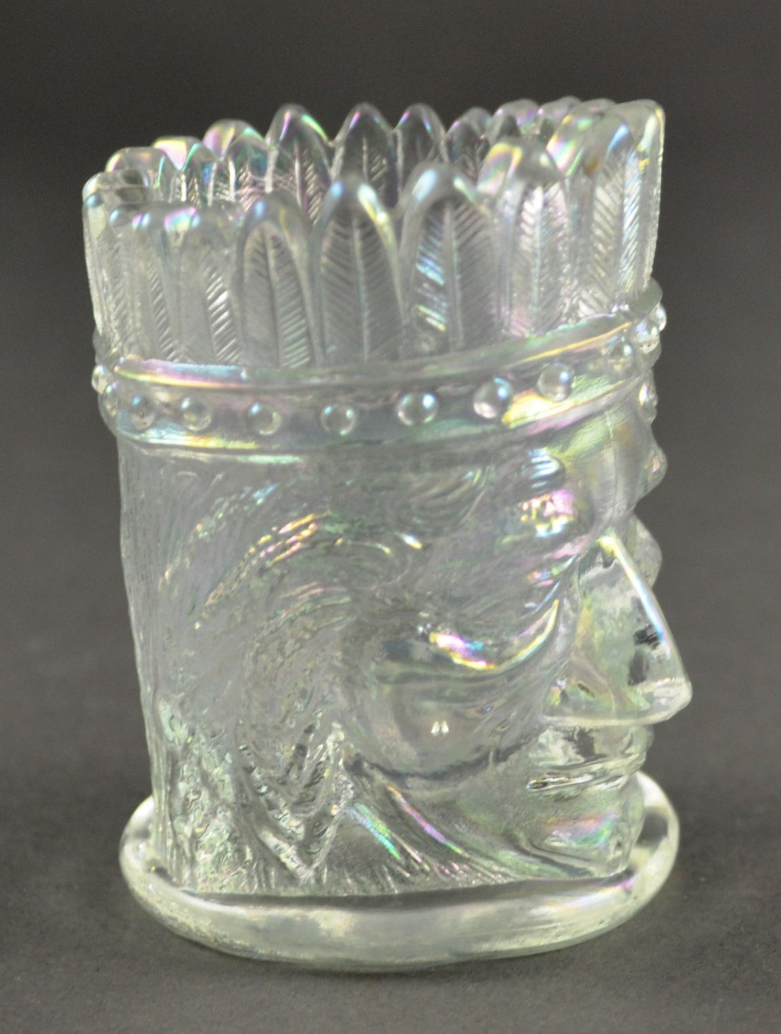 St. Clair Indian Head Clear or White Iridescent Carnival Glass Toothpick Holder