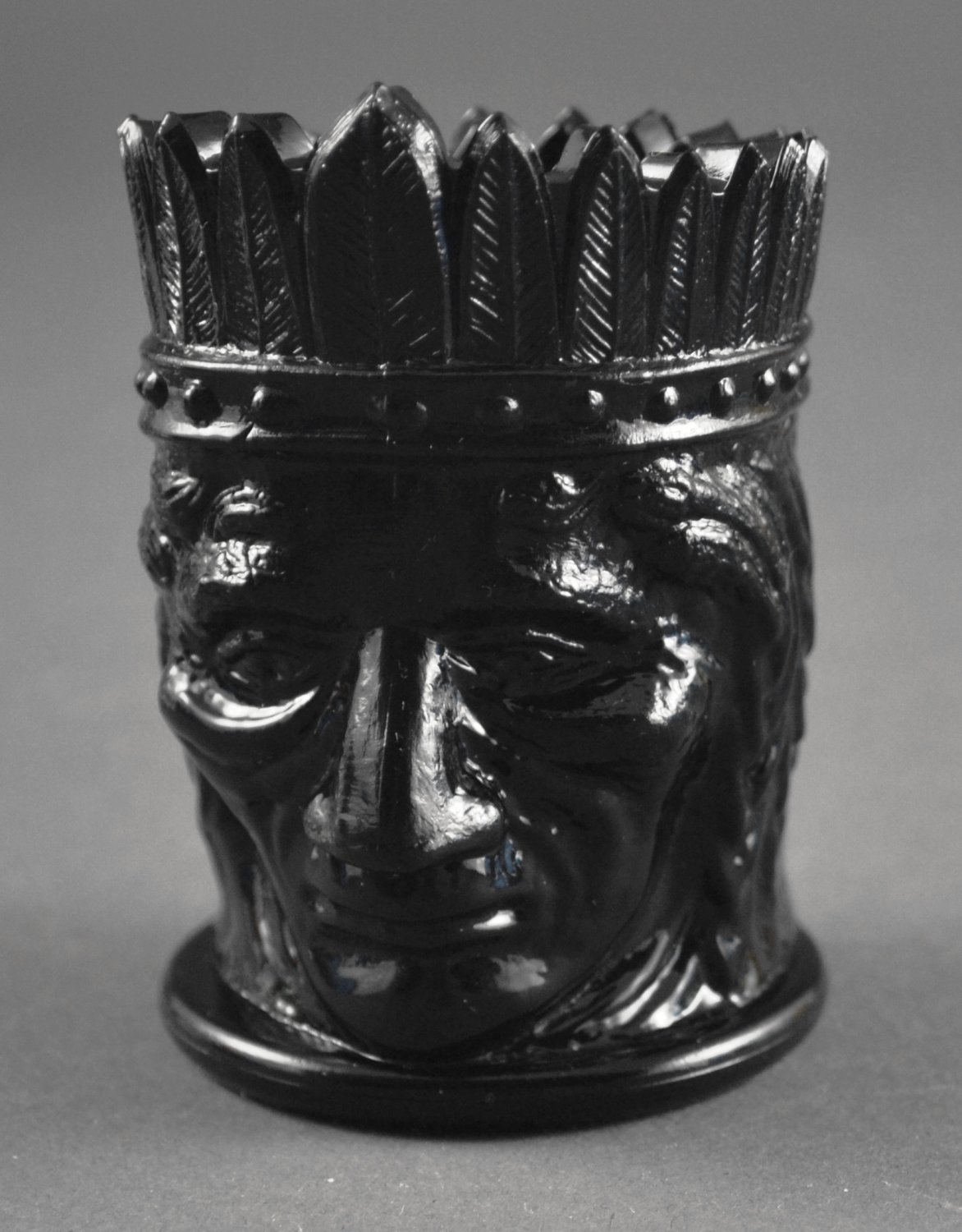 St. Clair Indian Head Black Opaque Vintage Glass Toothpick Holder
