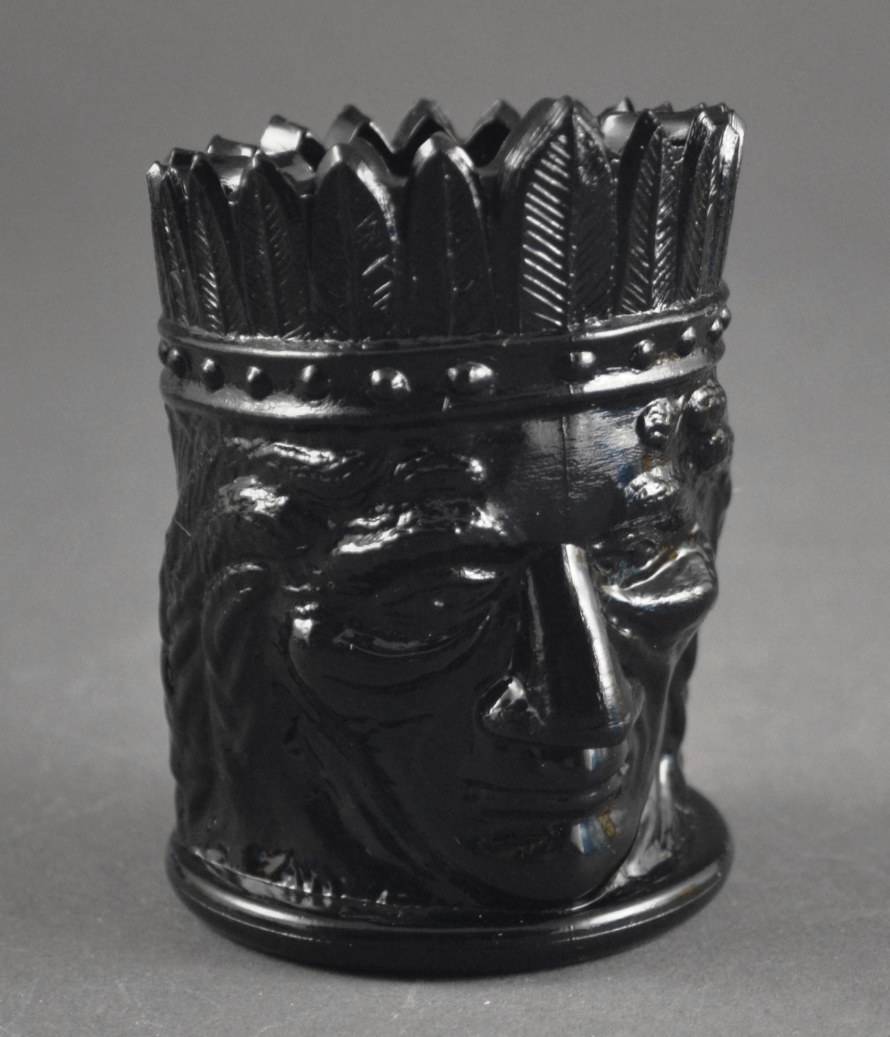 St. Clair Indian Head Black Opaque Vintage Glass Toothpick Holder