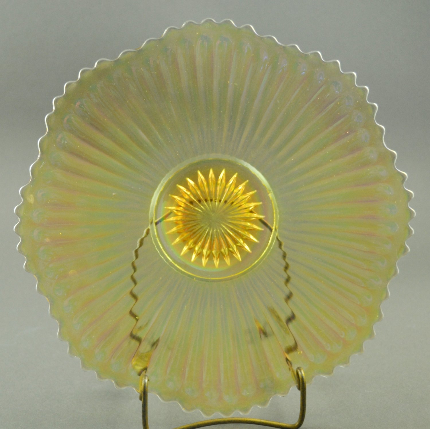 Vintage Iridescent Amber Glass Ribbed Plate