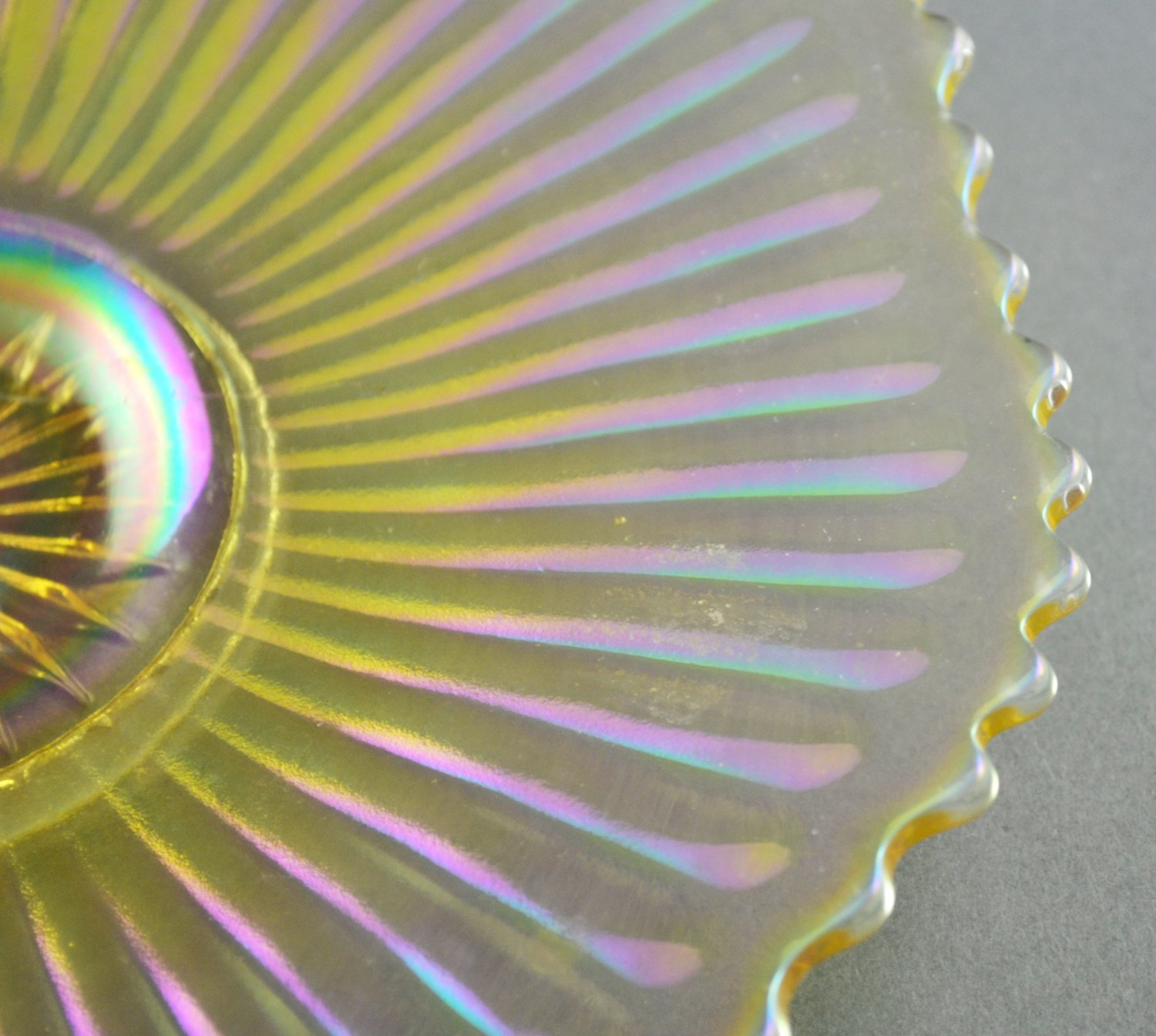 Vintage Iridescent Amber Glass Ribbed Plate