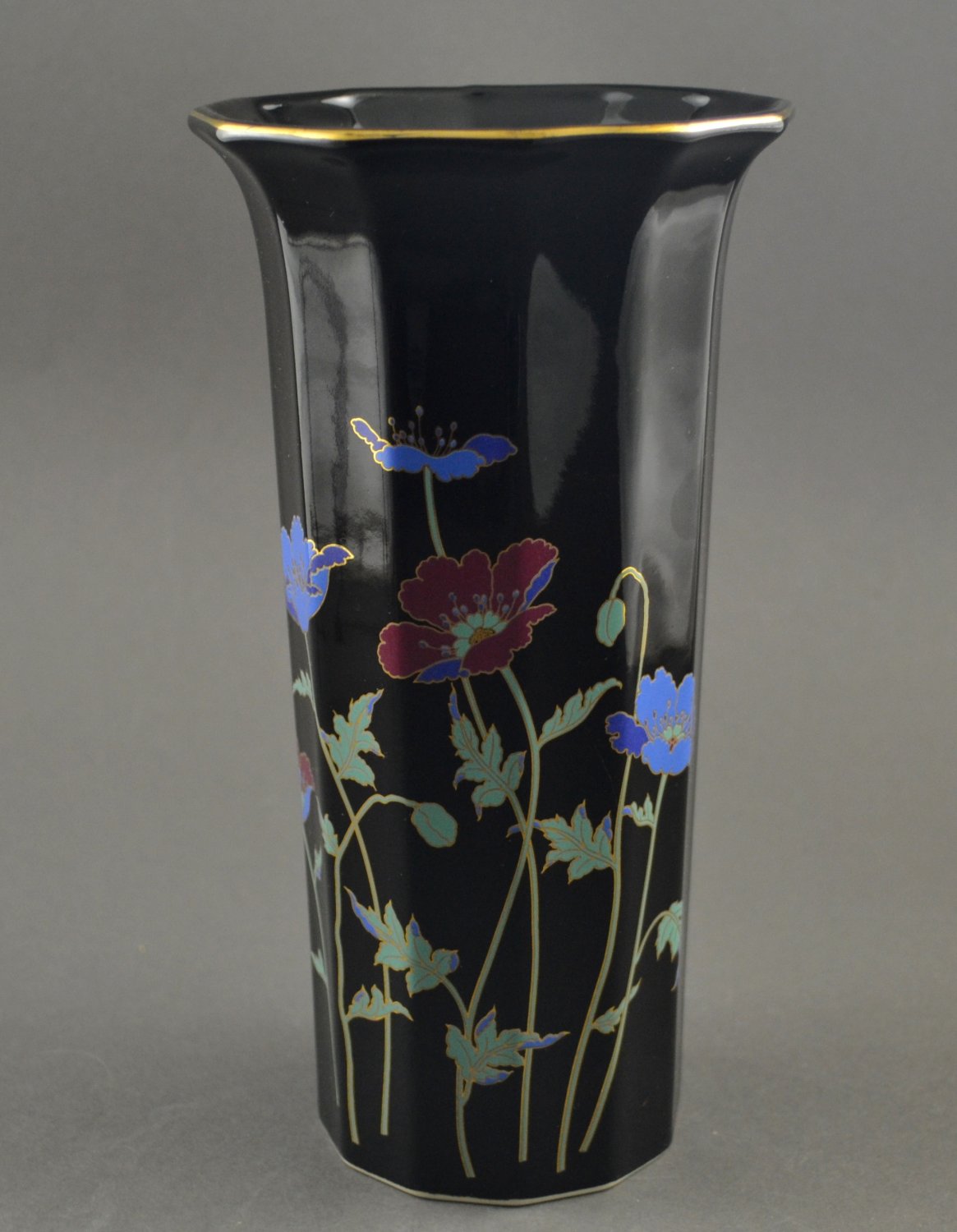 Vintage Japan Black Lacquer Vase Red Blue Flowers