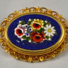 Vintage Italian Mosaic Floral on Blue Goldtone Filigree Edge Brooch Pin