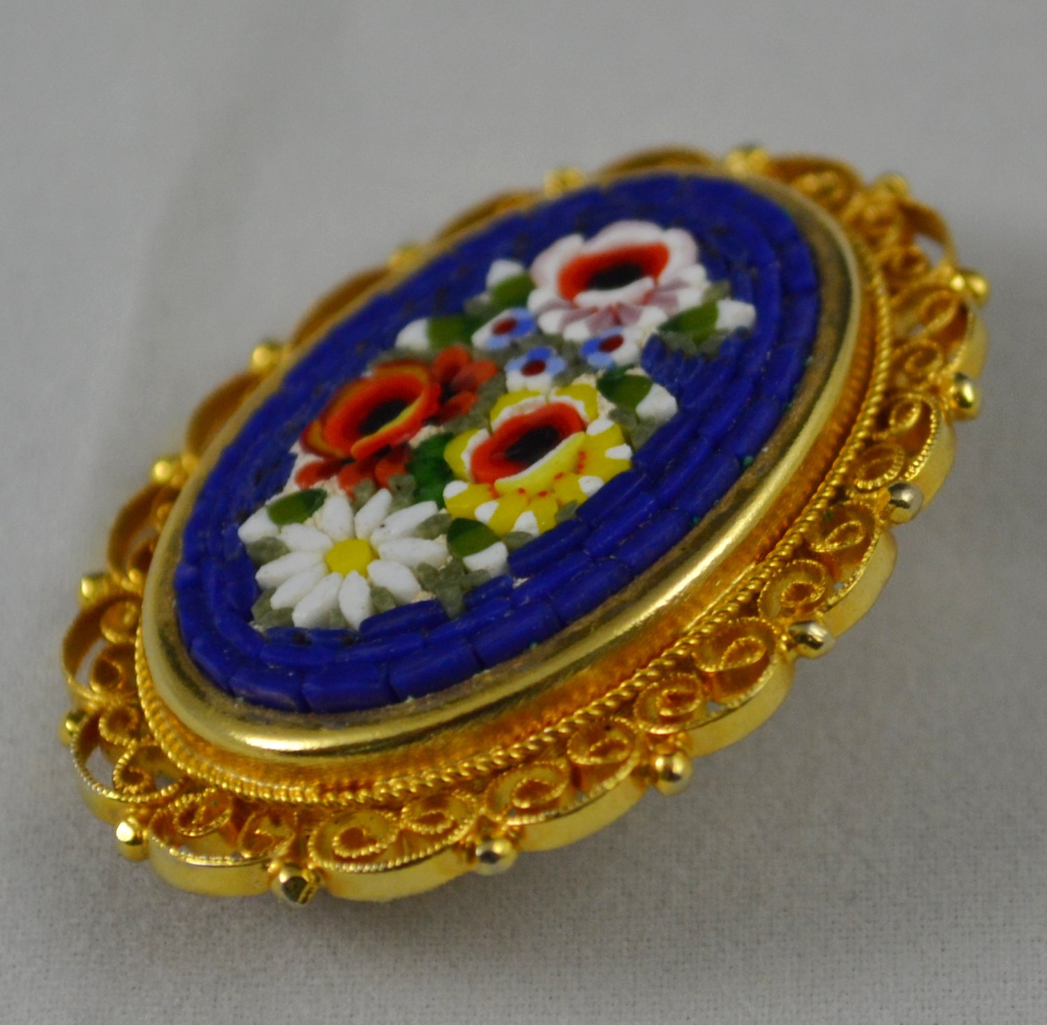 Vintage Italian Mosaic Floral on Blue Goldtone Filigree Edge Brooch Pin