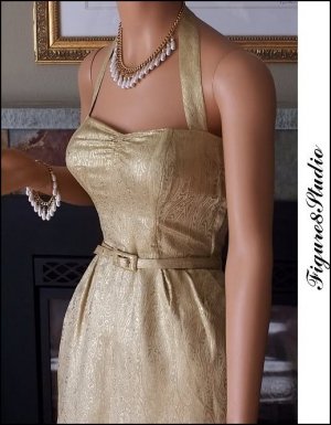 40's Gold Brocade Wiggle Bombshell Halter Vintage Dress & Jeweled Jacket Set