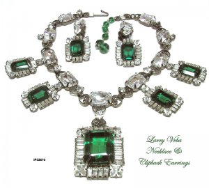 Larry Vrba Necklace Earrings Set Vintage Emerald Diamond