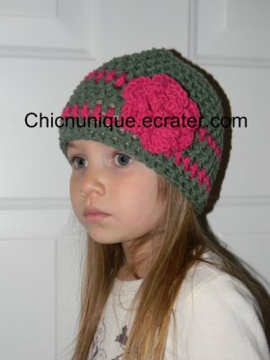 Olive Green & Rasberry Pink Hat & Flower *Any Size Available*