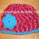 Boutique Turquoise Blue & Pink Candy Print Crochet Hat & Triple Flower *Any Size Available*