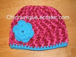 Boutique Turquoise Blue & Pink Candy Print Crochet Hat & Triple Flower *Any Size Available*