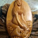 LARGE HAWAII MERMAID PENDANT MINIATURE HAND CARVED WOOD ARTIST SIGNED FREE GIFT SILK BAG, RIBBON
