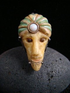 SALE!! MAGICIAN WIZARD MYSTIC VINTAGE CARVED FOSSIL WALRUS IVORY W/ OPAL GEM SIZE 4 RING