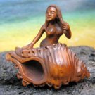 MERMAID on SHELL CARVED HAWAIIAN KOA WOOD MINIATURE 2"  ARTIST SIGNED   FREE GIFT SILK BAG, RIBBON
