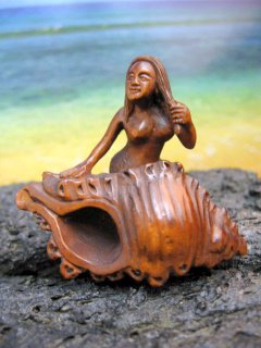 MERMAID on SHELL CARVED HAWAIIAN KOA WOOD MINIATURE 2" ARTIST SIGNED FREE GIFT SILK BAG, RIBBON