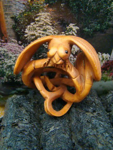 GARDEN DRAGONFLY CARVED WOOD MINIATURE ORNAMENT 2in FREE SATIN RIBBON, GIFT BOX, SILK POUCH