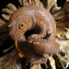 JACKSON CHAMELEON and BABY CARVED, HAWAII MILO WOOD MINIATURE FIGURINE, ONYX GEMSTONE EYES
