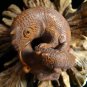 JACKSON CHAMELEON and BABY CARVED, HAWAII MILO WOOD MINIATURE FIGURINE, ONYX GEMSTONE EYES