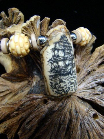 SCRIMSHAW NECKLACE FOSSIL ALASKA WALRUS IVORY TOOTH, SEA CLOUD SAILING