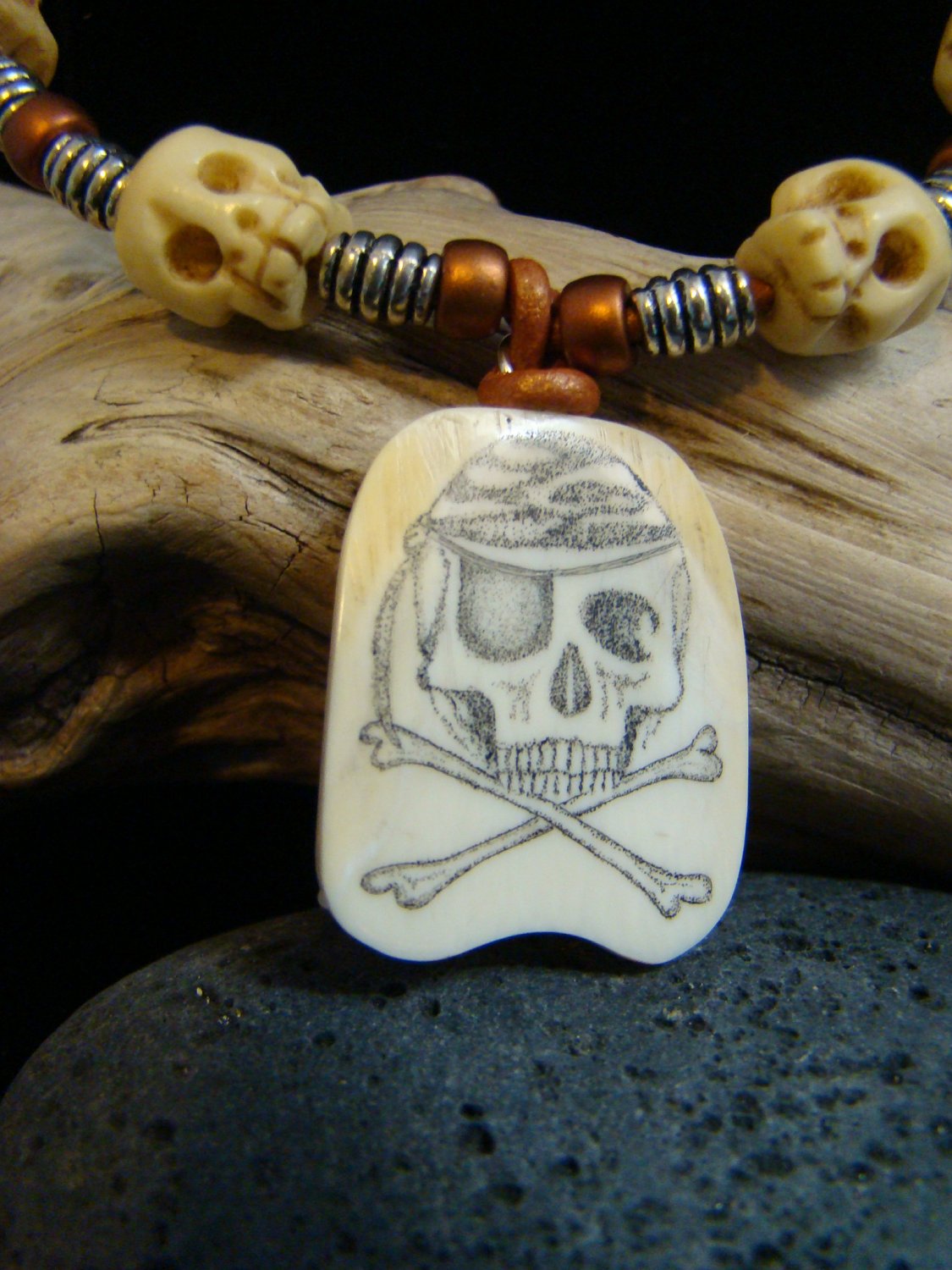 Scrimshaw " Skull & Bones " Fossil Mammoth Ivory - Jolly Roger - Carved Bone Skull Beads Necklace