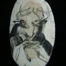 Vintage Scrimshaw " Fighting Deer Bucks "  3 1/8" Fossil Walrus Ivory - Wood Frame with Velvet